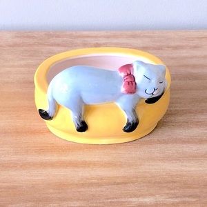 Decorative Ceramic Sleeping Cat Kitty in Bow Yellow Catnip Grass Planter Holder